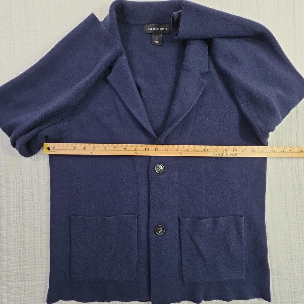 Harrison David Men L Cardigan Sweater Knit Sport Coat Navy Blue Patch Pockets